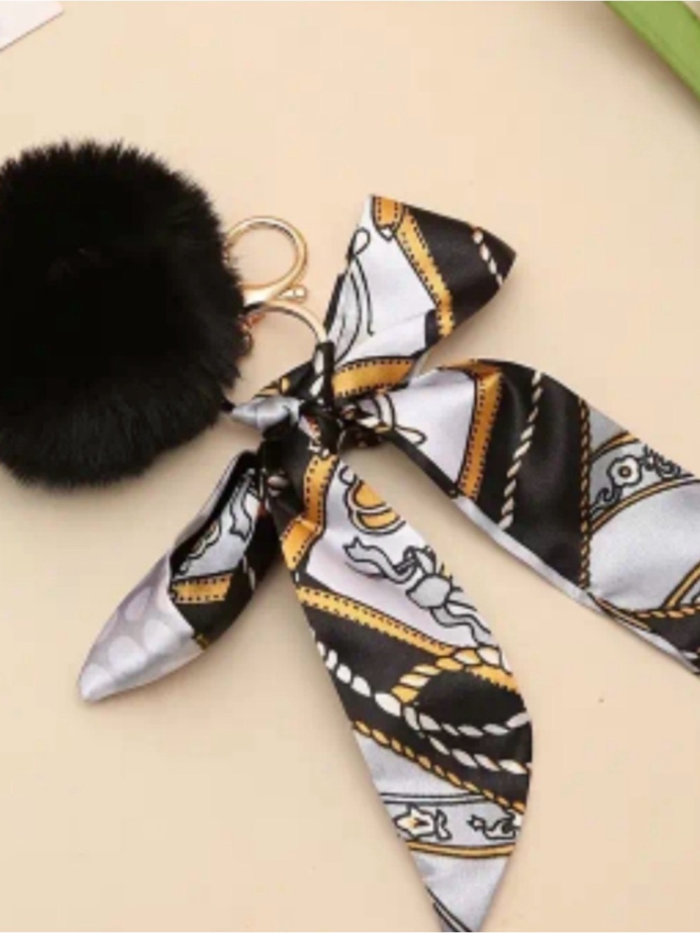 Black Faux Fur Pom Pom Bag Charm Scarf Keychain-NWT